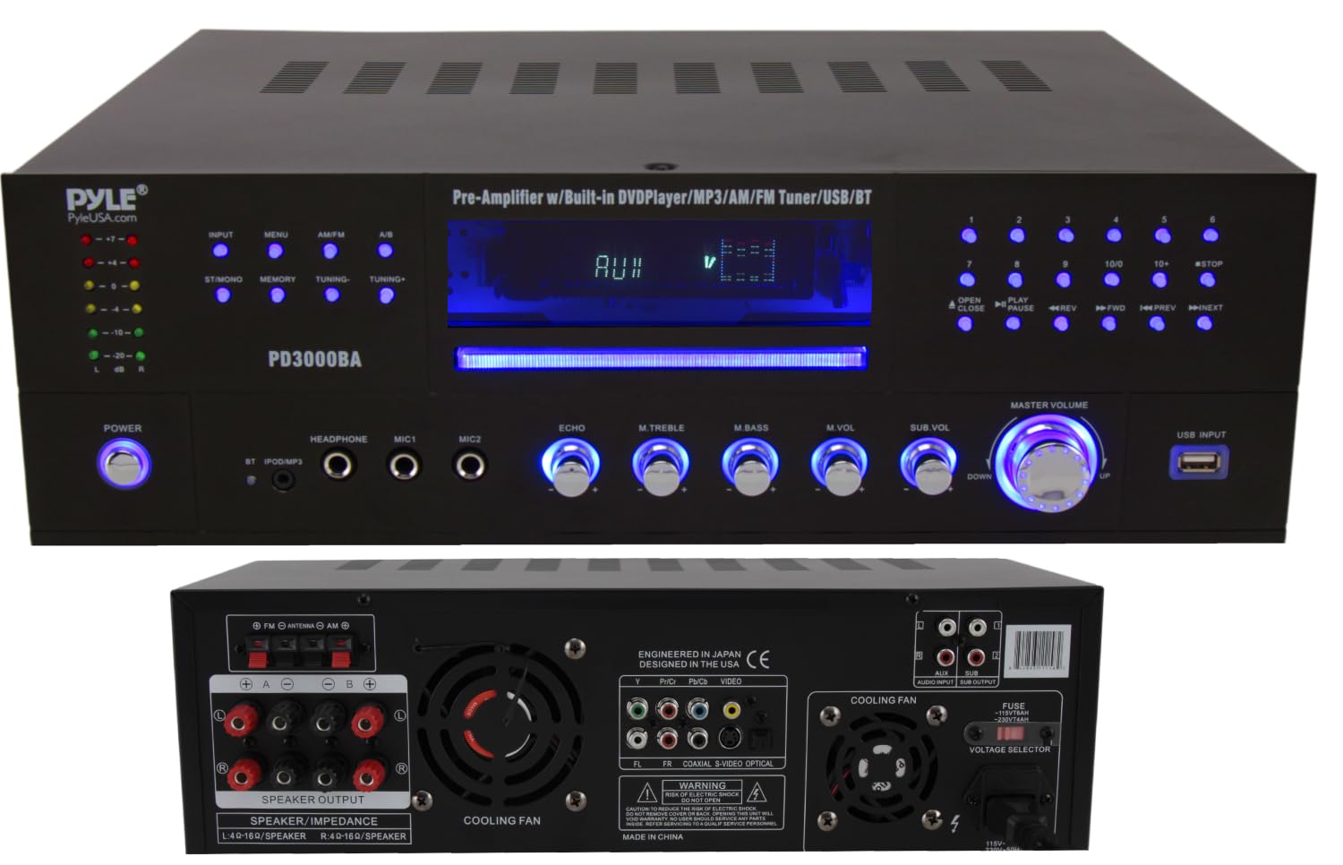 Pyle 4 Channel Wireless Bluetooth Amplifier - 3000 Watt Stereo Speaker Home Audio Receiver w/FM Radio USB 2 Microphone w/Echo for Karaoke Front Loading CD DVD Player LED Rack Mount - PD3000BA.5
