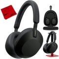 Sony WH-1000XM5 Wireless Industry Leading Noise Canceling Headphones Black Bundle with Deco Gear Pro Audio Headphone Stand - Matte Black + 6 x 6 inch Microfiber Cleaning Cloth