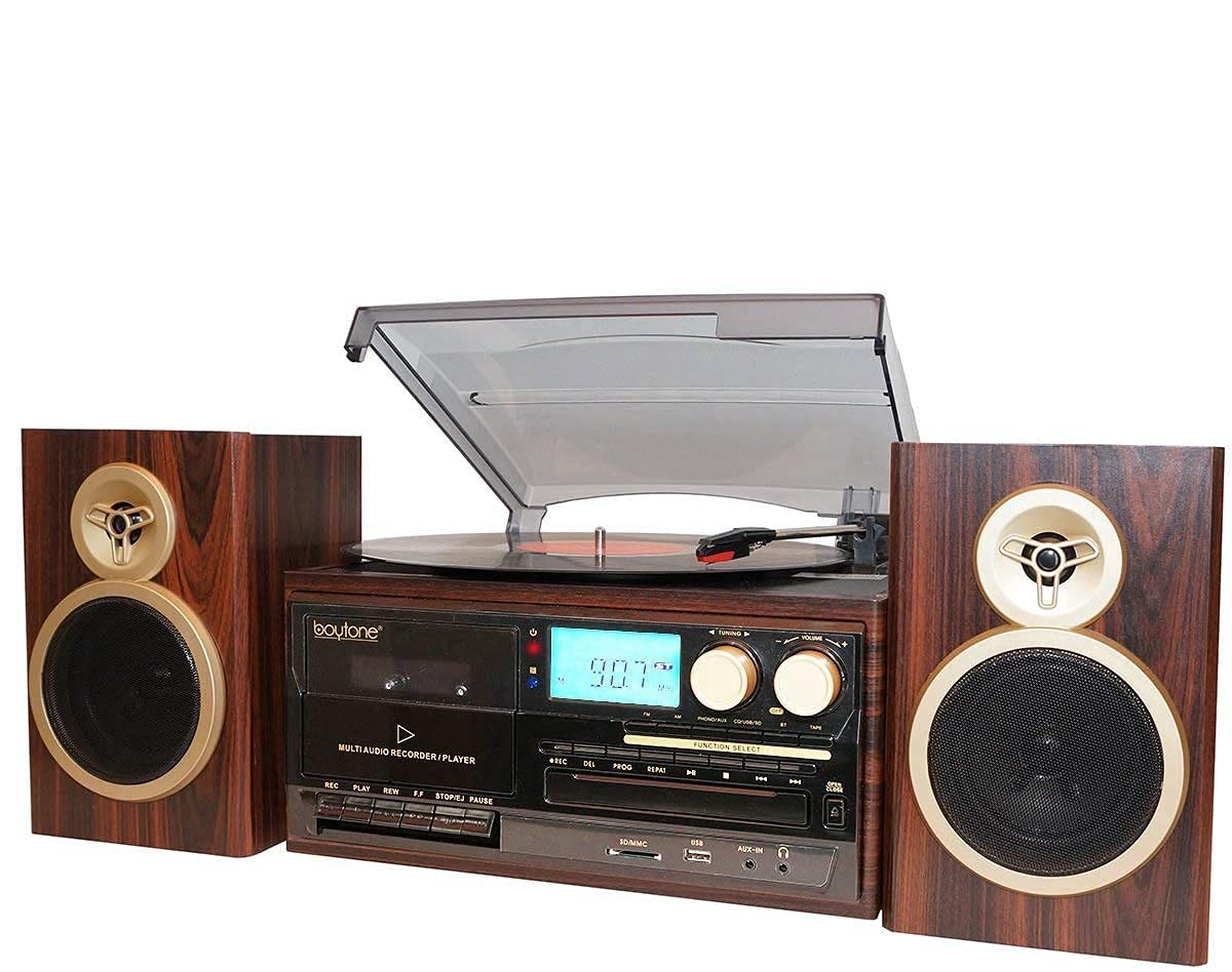 Boytone BT-28SPM Bluetooth Classic Style Record Player Turntable with AM/FM Radio CD / Cassette Player 2 Separate Stereo Speakers