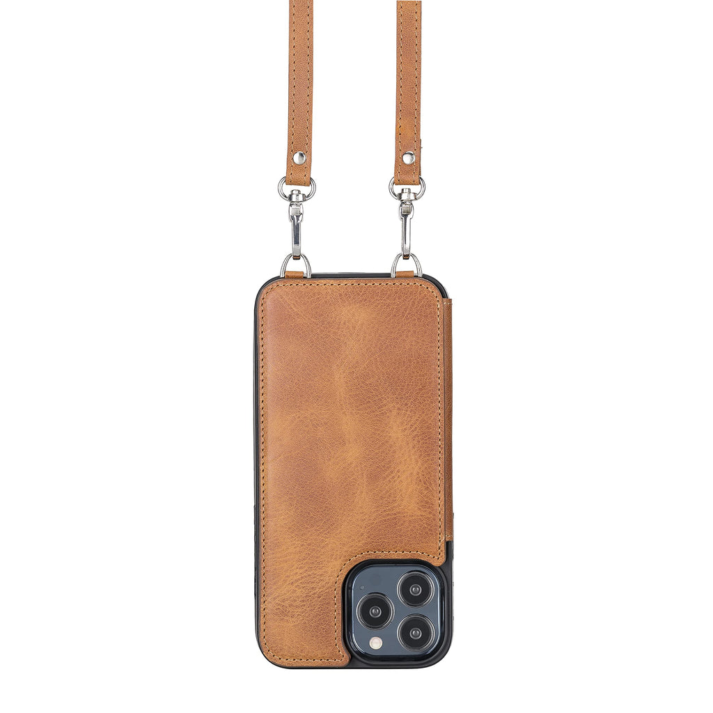 Bayelon Case for iPhone 13 Pro Max Full Grain Leather Crossbody Phone Case Card Holder with Shoulder Strap (Coffee Brown)