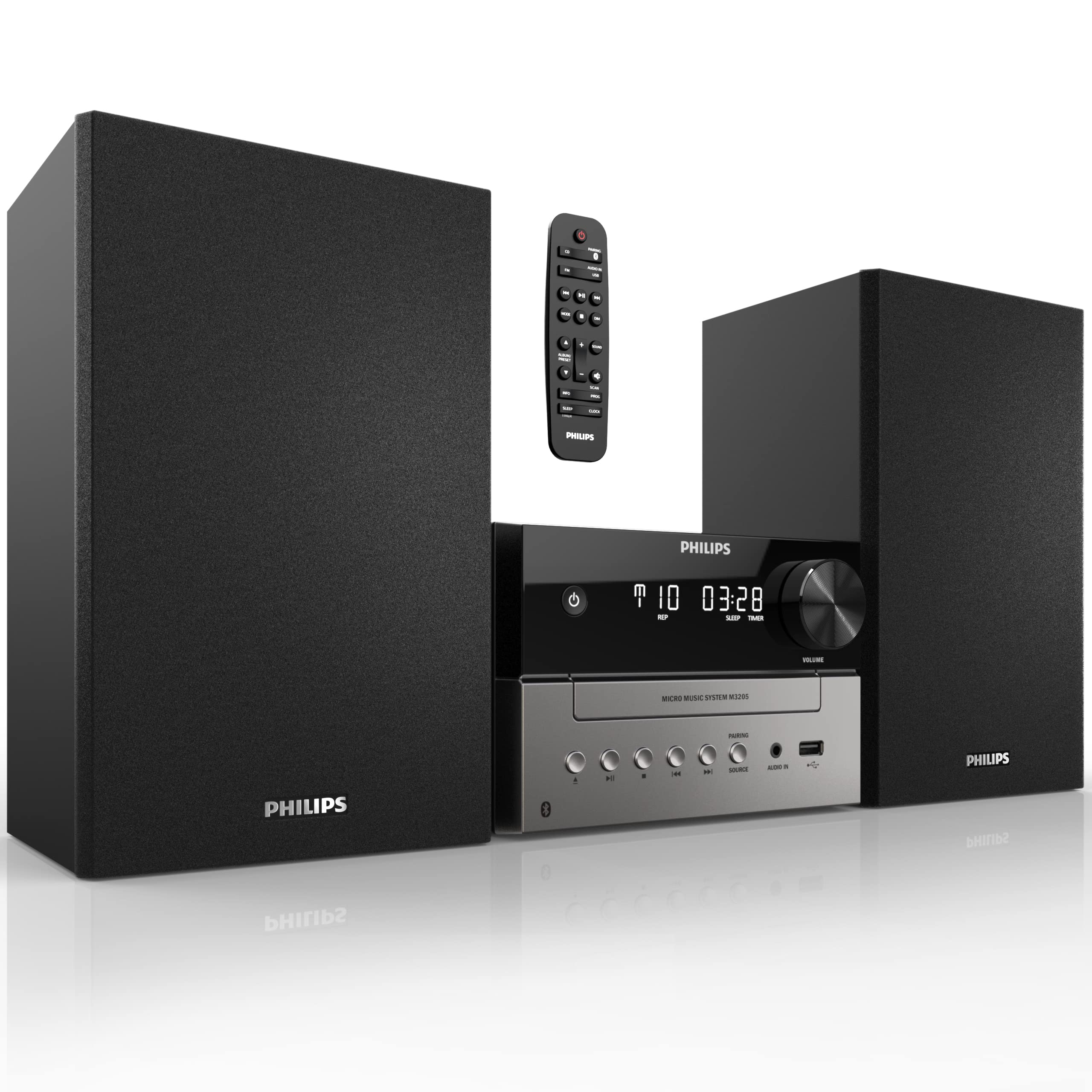 Philips CD Player and Stereo System for Home - Compact Radio Player with Bookshelf Speakers Retro Style Music Player with FM Radio and Remote Control for Crystal Clear Sound
