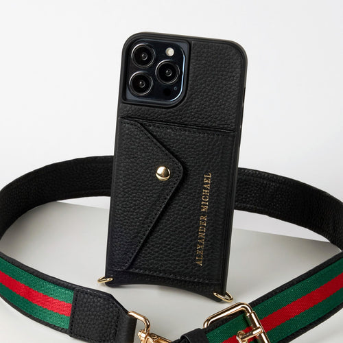Alexander Michael Gigi Phone Case and Crossbody with Tri-Color Strap in Premium Leather (Black iPhone 13)