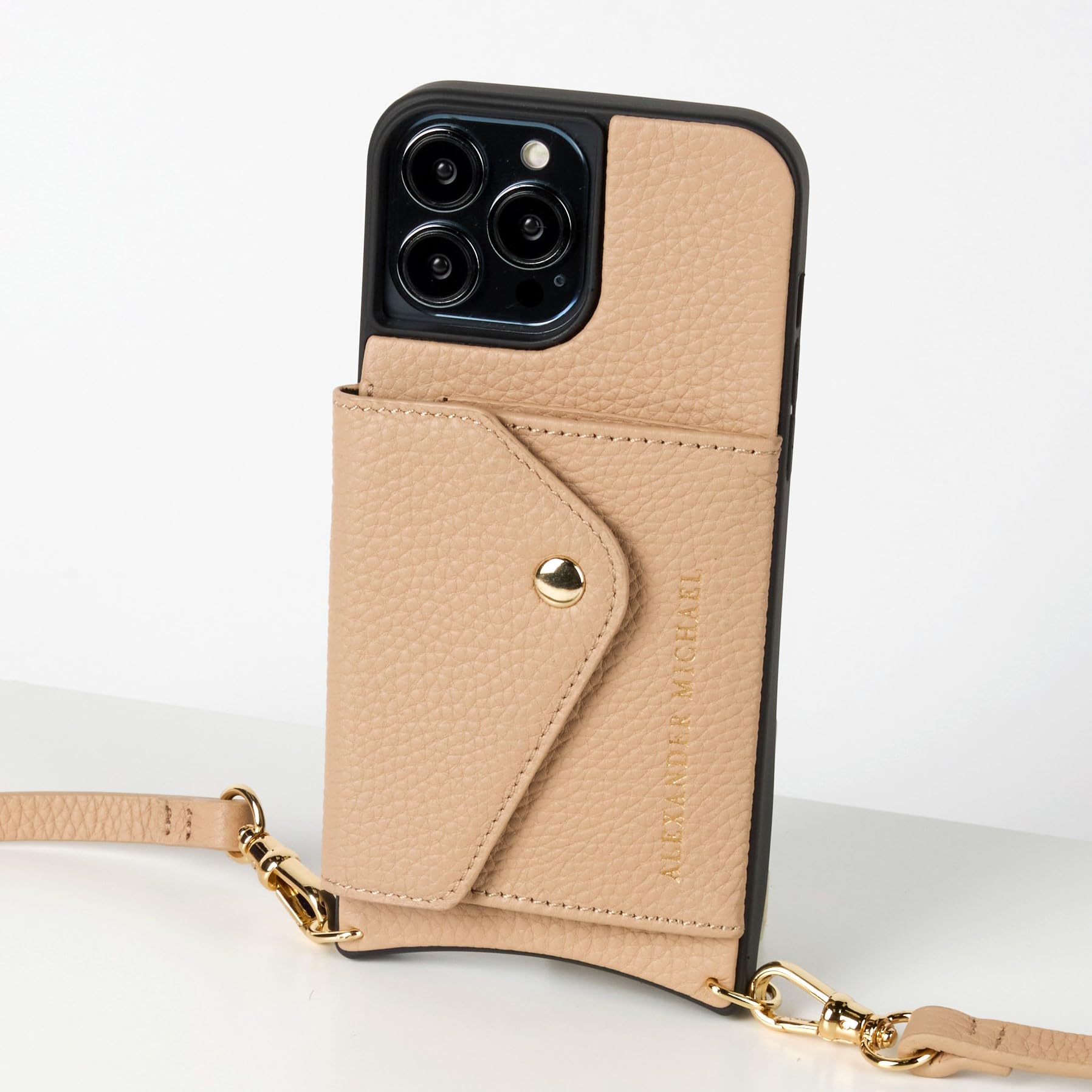 Alexander Michael Caviar Phone Case and Wallet with 2 Straps in Premium Leather Anti-Theft Phone Crossbody (Beige iPhone 14 Pro Max)