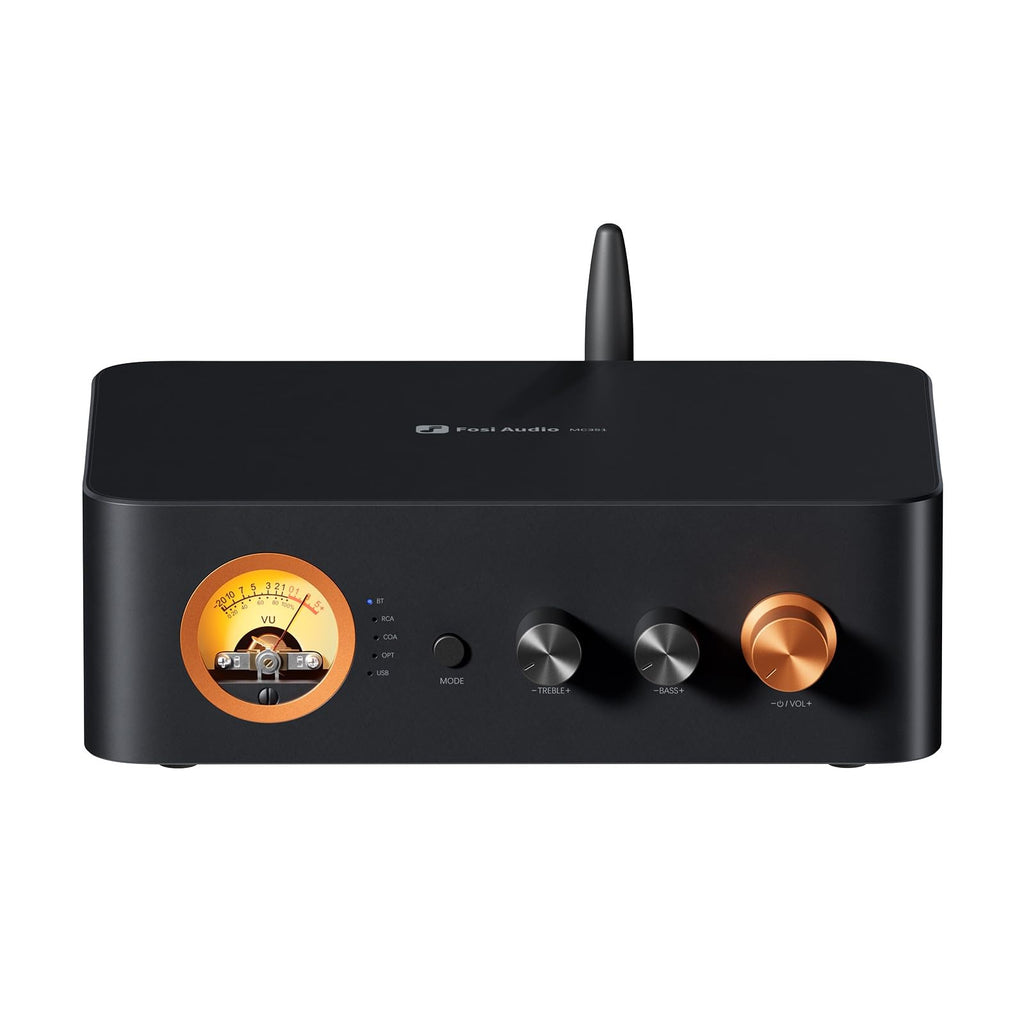 Fosi Audio MC351 2.1 Channel Integrated Amplifier with DAC Home Audio Stereo Power Amp with Dual TPA3255 Chips for HiFi Passive Speakers Vintage VU Meter Receiver with Bluetooth and USB/Opt/Coax