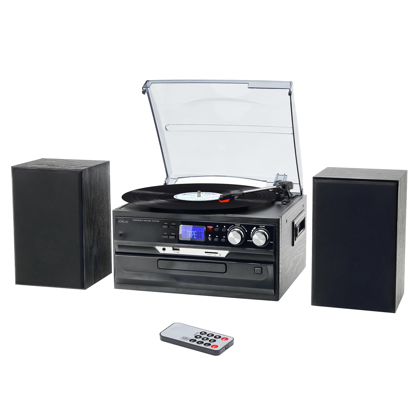 Jorlai 10 in 1 Vinyl Record Player Bluetooth Vintage Turntable 3-Speed with AM/FM Radio 2 Separate Stereo Speakers CD/Cassette Player USB SD Player Encoding RCA Outputs 3.5mm Aux in