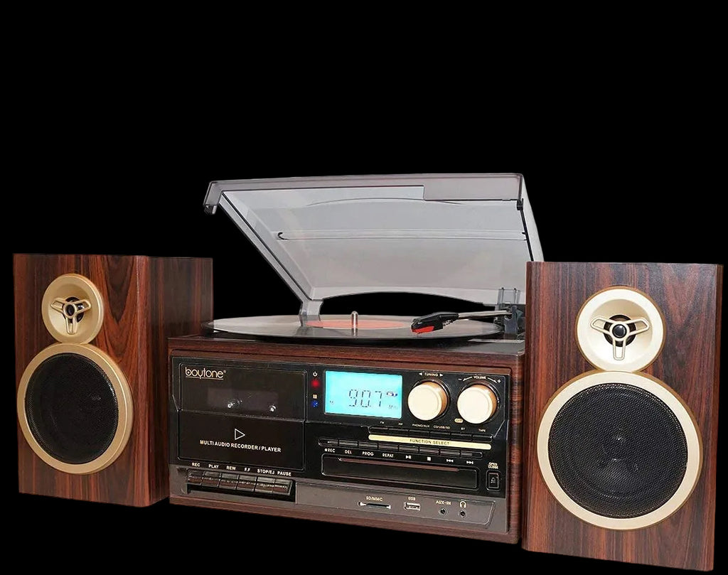Boytone BT-28SPM Bluetooth Classic Style Record Player Turntable with AM/FM Radio CD / Cassette Player 2 Separate Stereo Speakers