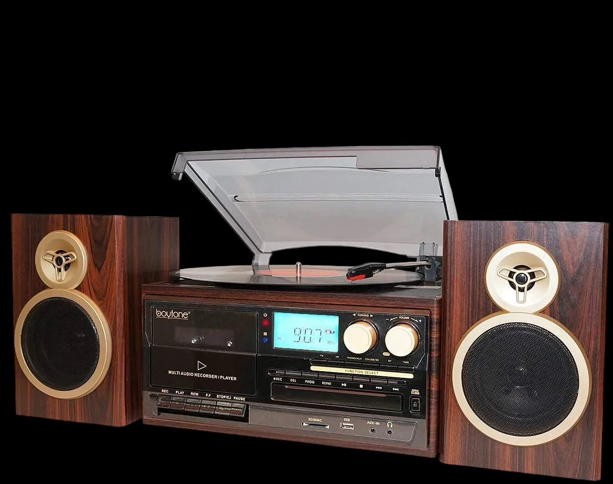 Boytone BT-28SPM Bluetooth Classic Style Record Player Turntable with AM/FM Radio CD / Cassette Player 2 Separate Stereo Speakers
