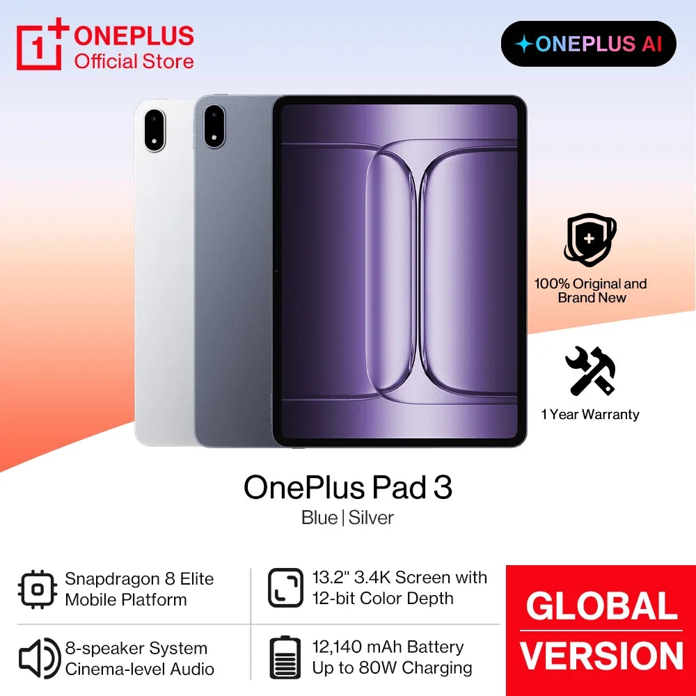 OnePlus Pad 3 Global Version Tablet Snapdragon 8 Elite 13.2" 144Hz Display 3.4K Resolution 8 Speakers Wi-Fi 7 Android 15