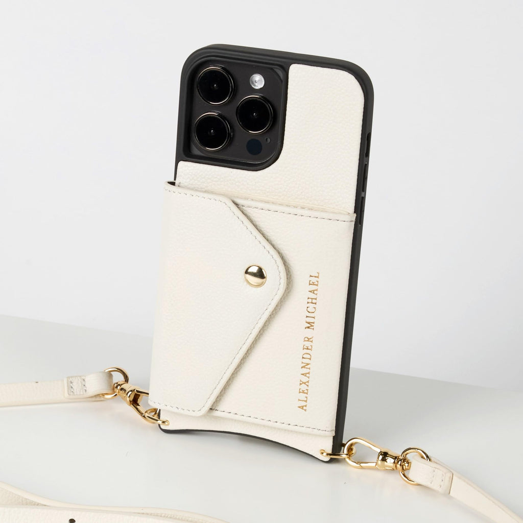 Alexander Michael Caviar Phone Case and Wallet with 2 Straps in Premium Leather Anti-Theft Phone Crossbody (Ivory iPhone 14)
