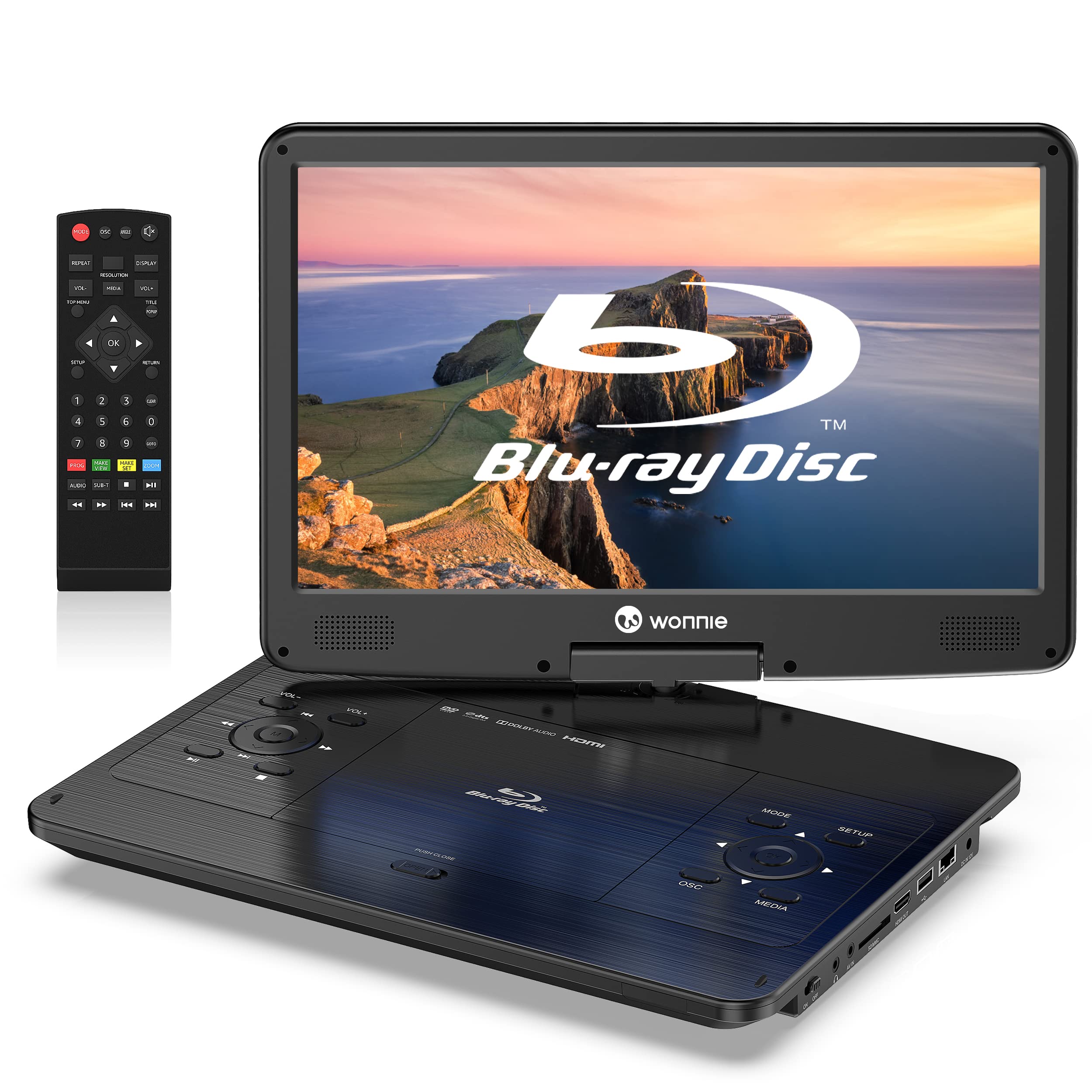 WONNIE 16.9" Portable Blu ray DVD Player with 14.1" 1080P HD Swivel Screen 4-Hour Rechargeable Battery Supports HDMI Output Surround Audio Last Memory USB/SD Card AV in