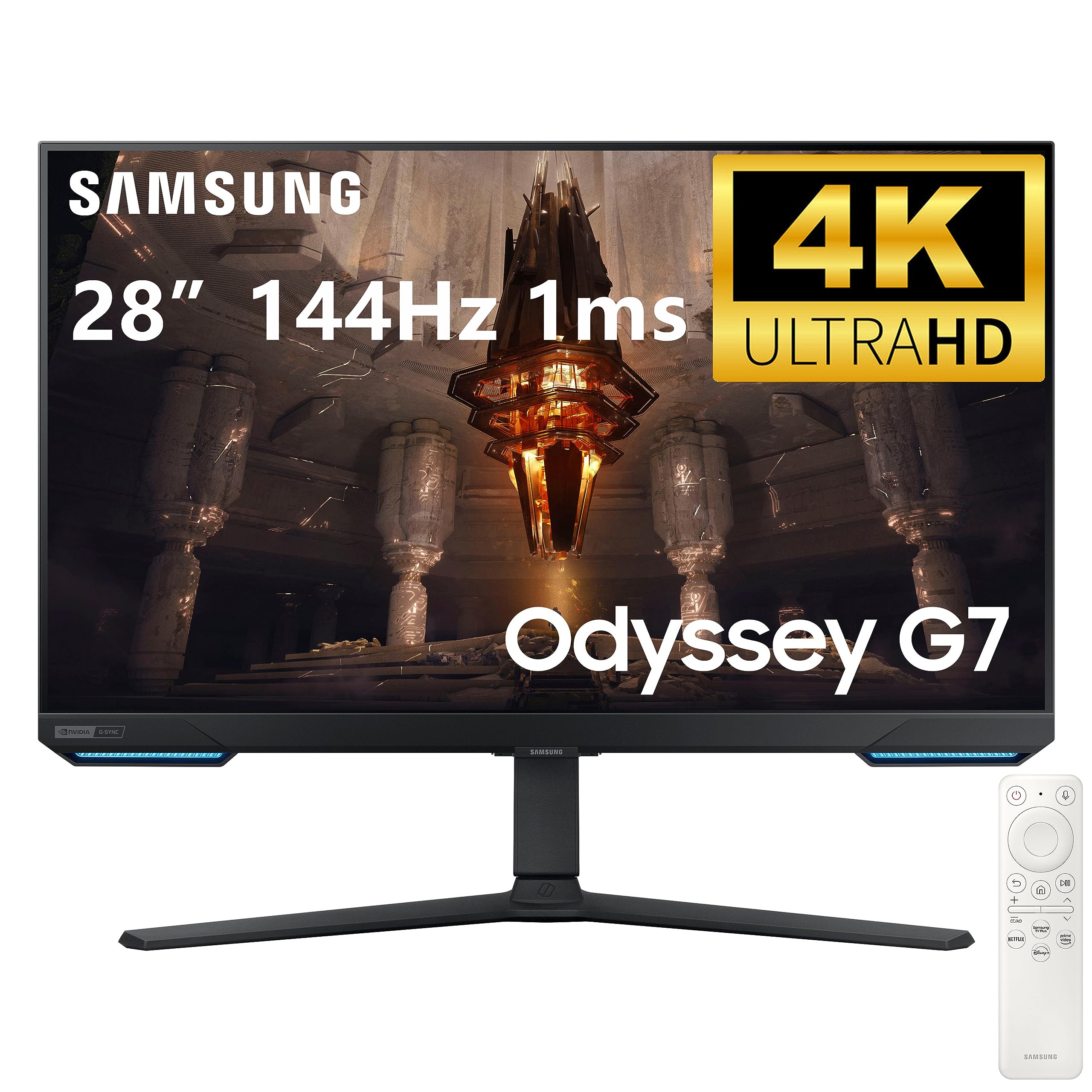 SAMSUNG 28" Odyssey G70B 4K UHD IPS 144Hz 1ms G-Sync Wireless Gaming Monitor - 3840 x 2160 16:9 1000:1 HDR 10+ WiFi Bluetooth 5.2 DisplayPort HDMI USB 3.0 Ethernet Swivel tilt Pivot Adjust