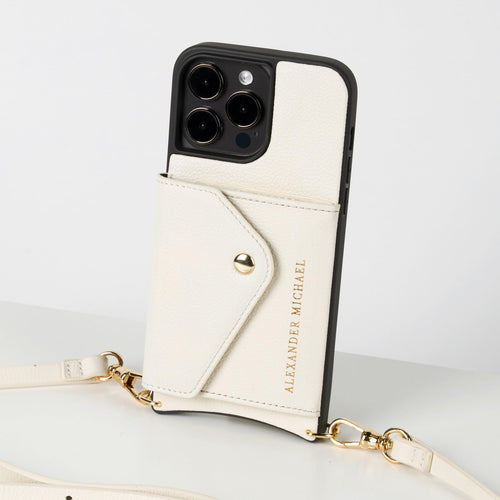 Alexander Michael Caviar Phone Case and Wallet with 2 Straps in Premium Leather Anti-Theft Phone Crossbody (Ivory iPhone 14)