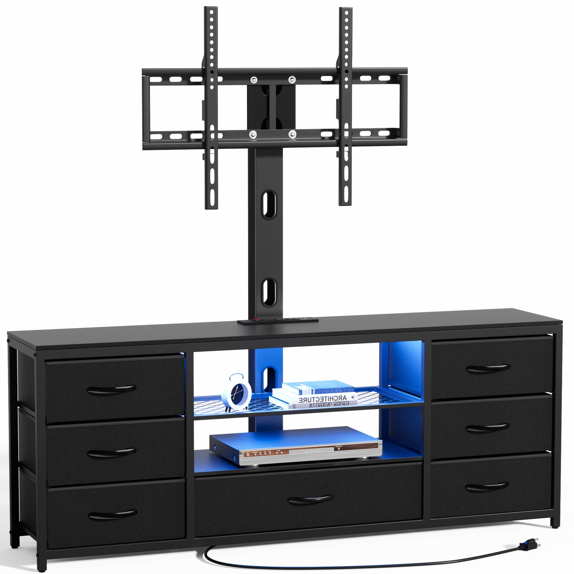 TV Stand with Mount and 7 Fabric Drawers Led Entertainment Center with Power Outlets for 32 45 55 60 65 70 inch TVs Black Dresser with Open Shelves Media Console Cabinet for Living Room Bedroom