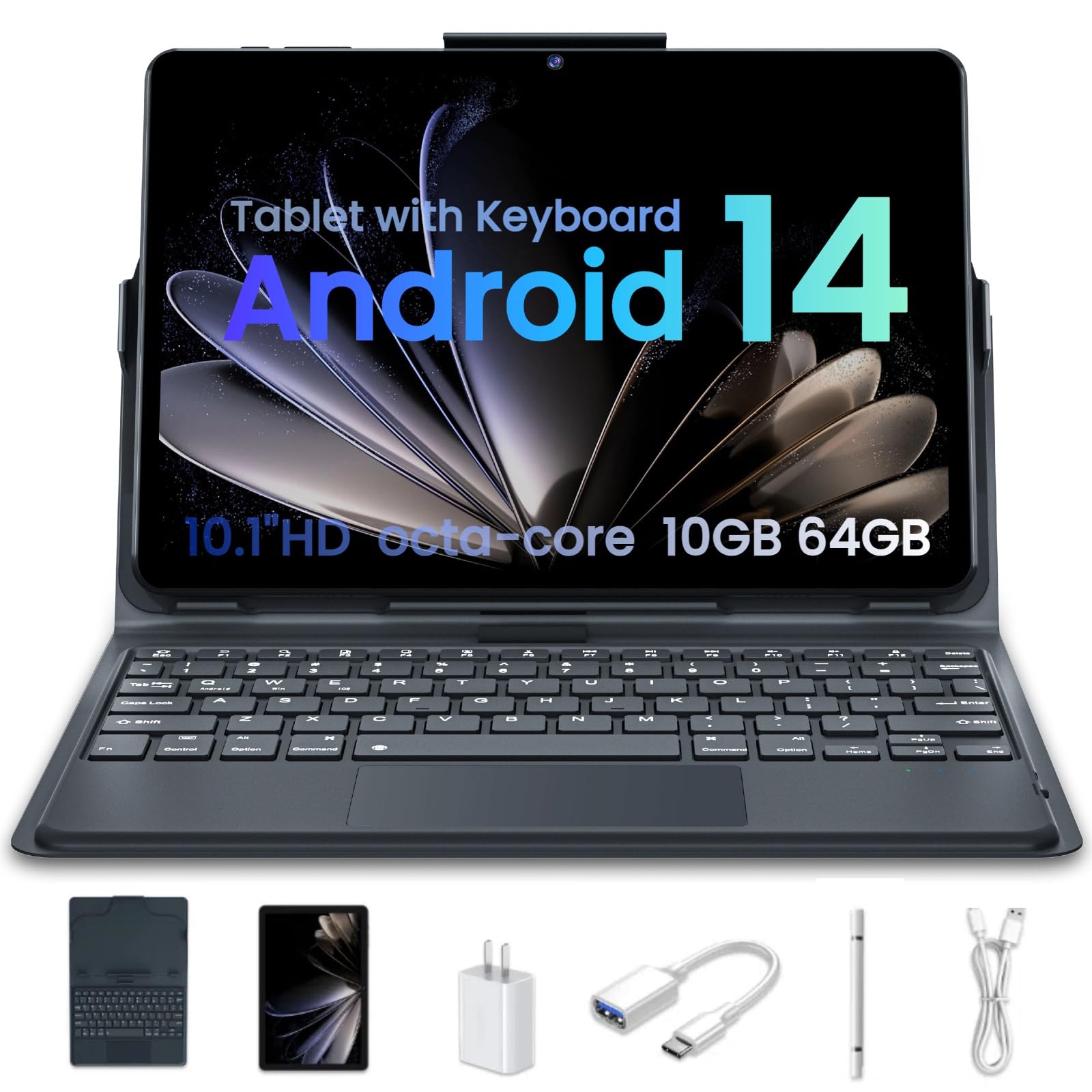 Tablet Android 14 Tablets 64GB+10(4+6 Expand)GB 512GB Expandable Octa-Core Tablet with WiFi 8000mAh Battery 10.1 inch Tablet with 800MP Camera Tablet with Keyboard Case Stylus Bluetooth (Blue)