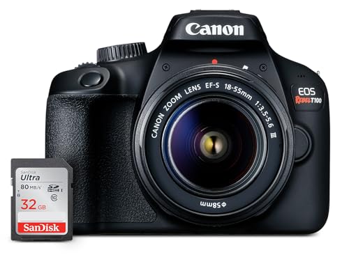 Canon EOS Rebel T100 DSLR Camera with EF-S 18-55mm f/3.5-5.6 III Lens 18MP APS-C CMOS Sensor Built-in Wi-Fi Optical Viewfinder Impressive Images & Full HD Videos Includes 32GB SD Card